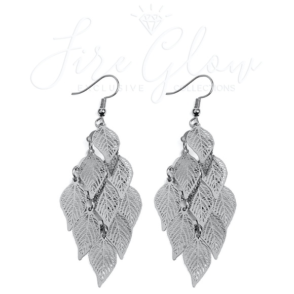Boho Chic Palladium Tone Filigree Leaf Earrings - Picture 6 of 8